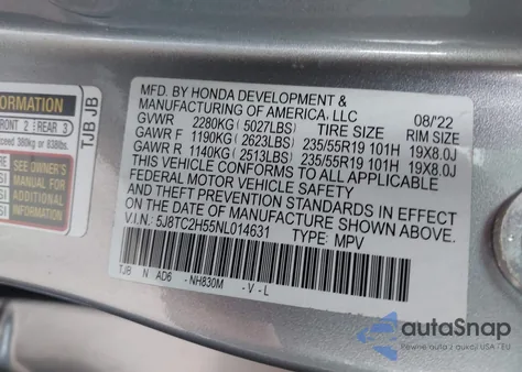 2022 Acura Rdx Technology Package из США, поврежденный, VIN 5J8TC2H55NL014631